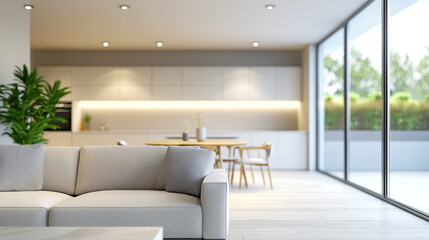 A simple, modern kitchen and living room with a blurred background.  The space features a sofa, table, and chairs.