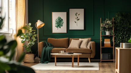 A stylish living room with dark green walls, a white wooden floor, a brown sofa, a lamp, and a coffee table.