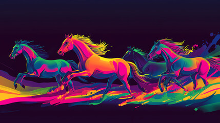 Brightly colored pop art illustration of wild horses in the desert