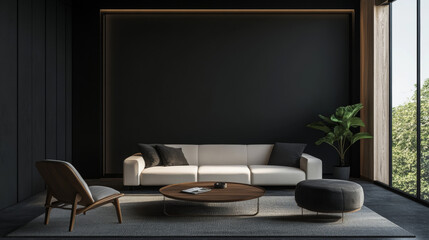 A sleek, modern living room with dark walls.  A large, empty black wall is perfect for displaying artwork.  This is a 3D rendering.