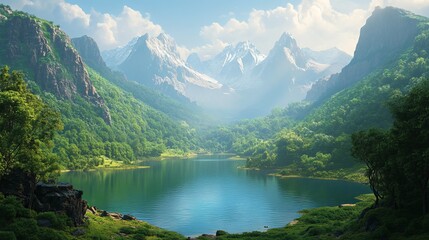 Fototapeta premium Tranquil lake nestled amidst verdant forests and towering mountains, a serene oasis of beauty.