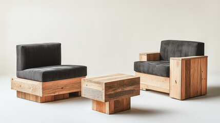 Minimalist wood furniture set: armchairs & coffee table, modern design elements.