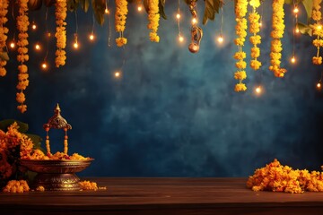 a decorative indian pooja background with garlands podium, glitter 