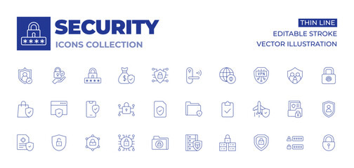 Security icons collection. Thin Line icons, editable stroke. data, shield, access, cyber security, shopping bag, web security, health insurance, security, insurance, secure folder