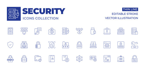 Security icons collection. Thin Line icons, editable stroke. padlock, password, folder, unlocking, fingerprint, verified, delivery box, network, login, private account