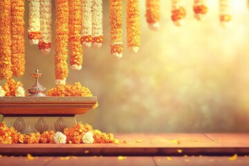 a decorative indian pooja background with garlands podium, glitter 