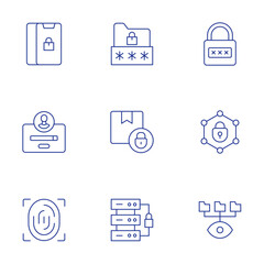 Security icons set. Thin Line style, editable stroke. padlock, log in, fingerprint, folder, delivery box, network, data server, spy