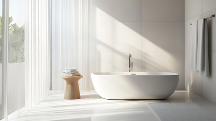 A sleek, white bathroom in a Scandinavian style, designed for a relaxing hotel spa.