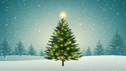 Naklejka premium A beautifully lit Christmas tree stands in a snowy landscape under a gentle snowfall during the holiday season