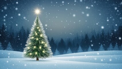 A beautifully lit Christmas tree stands alone in a snowy landscape under a starry night sky
