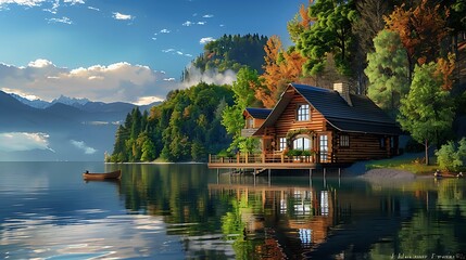 Obraz premium Charming little vacation house by the shore with a reflection