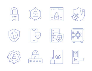 Security icons. Thin Line style, editable stroke. access, secure, security, data, shield, safe box, smart door, restriction, padlock, data security