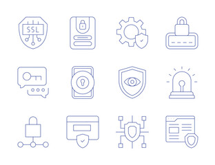 Security icons. Thin Line style, editable stroke. settings, eye, cyber, alarm, ssl, exchange, padlock, browser, log in, keyhole, firewall, password