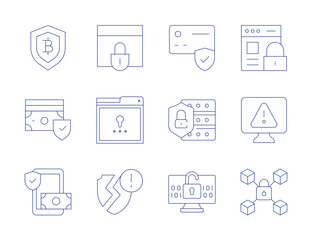 Security icons. Thin Line style, editable stroke. transaction, data leak, data security, alert, secure payment, money, smartphone, lock, webpage, security, online security