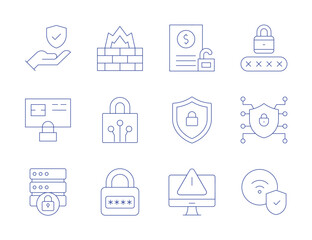 Security icons. Thin Line style, editable stroke. unsecured loan, shield, warning sign, data protection, credit card, database, wifi, firewall, padlock, password, pin code