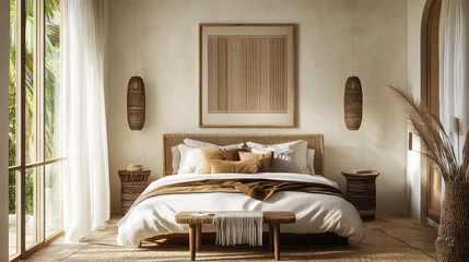 A 3D image showing a poster on a bedroom wall, designed in a traditional ethnic style.