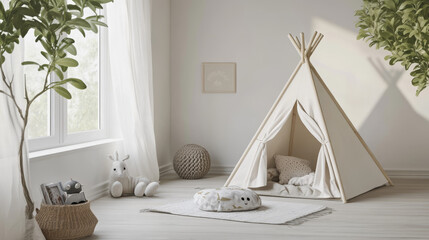 A simple, white room with a child's tent, blanket, pillow, and toy on a wooden floor.  This is a 3D illustration of a cozy nursery.