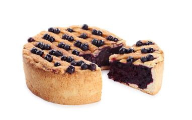 Cut homemade blueberry pie isolated on white