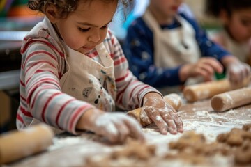 Preschooler Focused on Baking Lesson with Dough Rolling - Educational Activity in Classroom