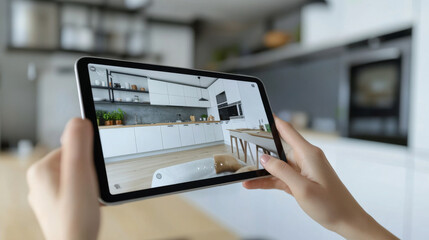 A person is using a tablet to design a modern kitchen. The tablet shows a blank kitchen space, and the app lets them add virtual furniture and decor to see how it would look in real life.