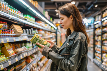 Young woman reading product label while shopping in a grocery store, carefully choosing packaged food items.