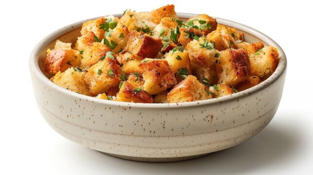 Homemade savory stuffing casserole dish made with bread herbs and vegetables served in a rustic ceramic plate on a white background