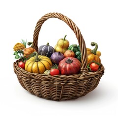 Autumn harvest basket overflowing with a variety of colorful pumpkins gourds squash and other seasonal vegetables and fruits  Rustic wicker basket against a white background