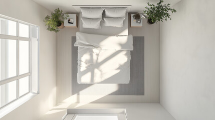 A simple, white bedroom viewed from above. The design is modern and sleek.