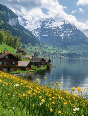 Fototapeta premium Bright yellow flowers bloom along the lake's edge in Switzerland, reflecting the beauty of spring and the surrounding mountains. Generative AI