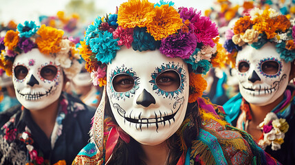 Vibrant dia de los muertos celebration with colorful sugar skull masks