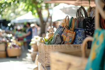 Colorful woven baskets and tote bags at an outdoor market, creating a lively atmosphere