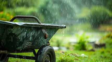 Closeup of a wheelbarrows tires in a green yard with rainwater fall in the background