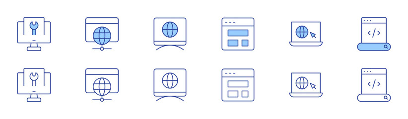 Website icon set in two styles, Duotone and Thin Line style. Editable stroke. template, surf, maintenance, web browser, website