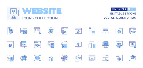 Website icons collection. Line Duotone style, editable stroke. worldwide, global, semantic web, api, mobile web, analytics, web, web management, improvement, browser