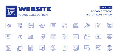 Website icons collection. Thin Line icons, editable stroke. layout, fast speed, clicking, content writing, web development, responsive, software, website, online donation, settings