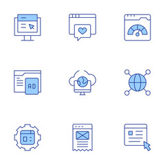 Website icons set. Line Duotone style, editable stroke. browser, worldwide, content, remote access, web, web management, improvement