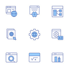 Website icons set. Line Duotone style, editable stroke. development, website, web maintenance, window, pencil, browser, globe, maths