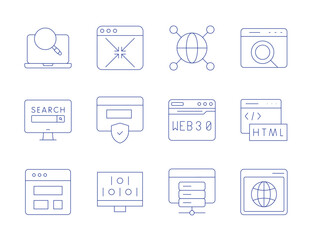 Website icons. Thin Line style, editable stroke. browser, browsing, template, worldwide, web hosting, web, size, window, firewall, html, binary code, internet