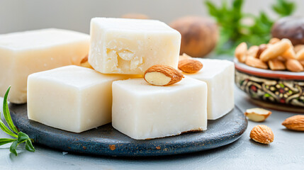 assorted Indian milk sweets featuring pedha and almond burfi