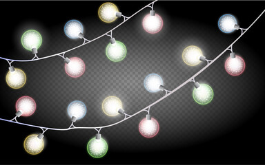 Festive Christmas multi-colored garlands, glitter and glow. Decorative element for greeting cards, advertising, invitations, backgrounds, gift cards. Winter decoration. Christmas background. 