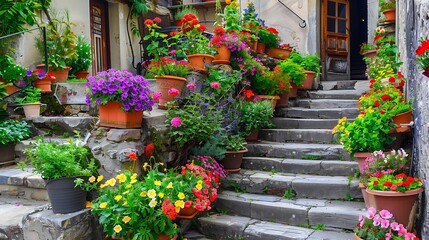 Colorful flower beds in an attractive house yard that border an old staircase