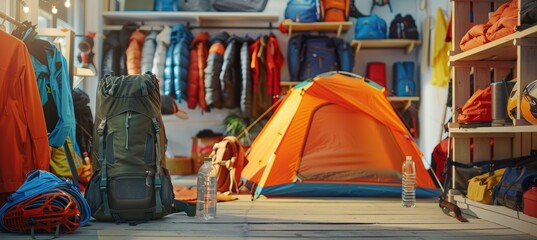 Camping Store Grand Opening Banner with Vibrant Outdoor Gear Display