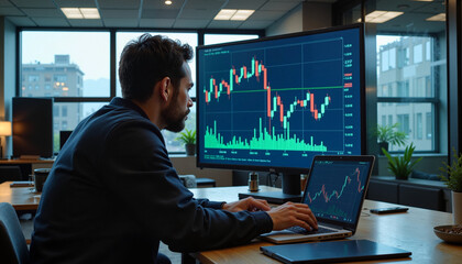 Economist analyzing financial graphs on laptop and large screen in modern office, focused and analytical