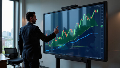 Businessman presenting financial growth metrics on interactive screen in modern office with city view, confident and engaging