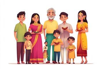 A joint family, standing and enjoying Diwali, radiating happiness, set against a white background. 