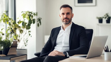 Obraz premium Professional man sitting in an office, clean and minimalistic image with copy space.