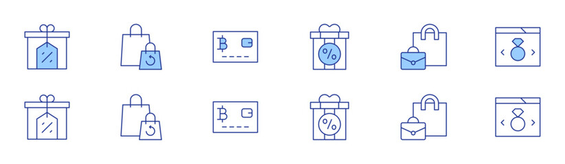 Shopping icon set in two styles, Duotone and Thin Line style. Editable stroke. gift box, discount, purse, guarantee, card, online shop