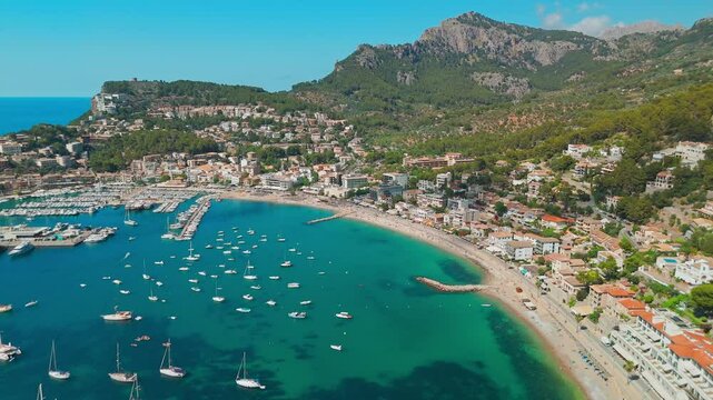 Aerial view of the summer resort town Port de Soller on Mallorca, Spain
