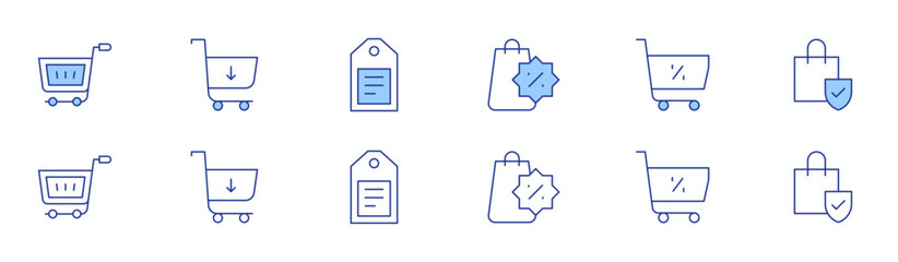 Shopping icon set in two styles, Duotone and Thin Line style. Editable stroke. shopping cart, shopping bag, shopping tag, shopping online