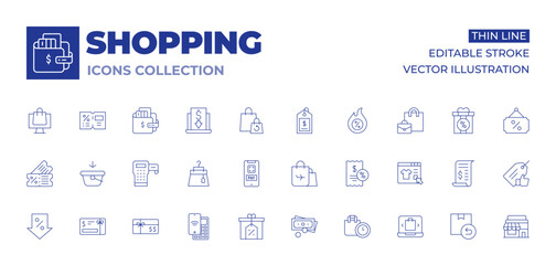 Shopping icons collection. Thin Line icons, editable stroke. coupon, add, labeling, decrease, money, payment, gift card, skirt, discount, cash, cashless, ticket, bag, duty free